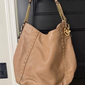 Michael Kors Beige-Tan Leather Shoulder Hobo with Gold Accents